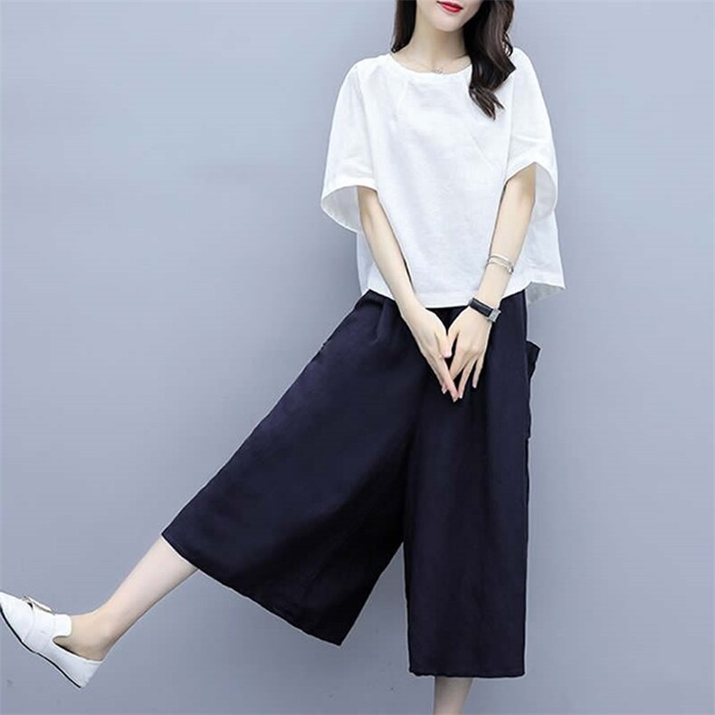 （现货）棉麻时尚套装女夏季新款休闲套装洋气阔腿裙裤亚麻两件套,女装套装/套裙,韩蔻秀
