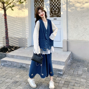 现货 新款 针织+牛仔马甲+半身裙三件套2C056-7203-P195控318图片
