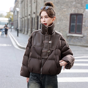 潮羽绒服女款2025新款冬季白鸭绒蛋白皮拼接仿羊羔毛绒领小香风外套图片