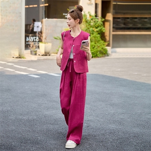 2025夏季新款纯色马甲玫红色三件套阔腿长裤T恤女装高档透气麻料图片