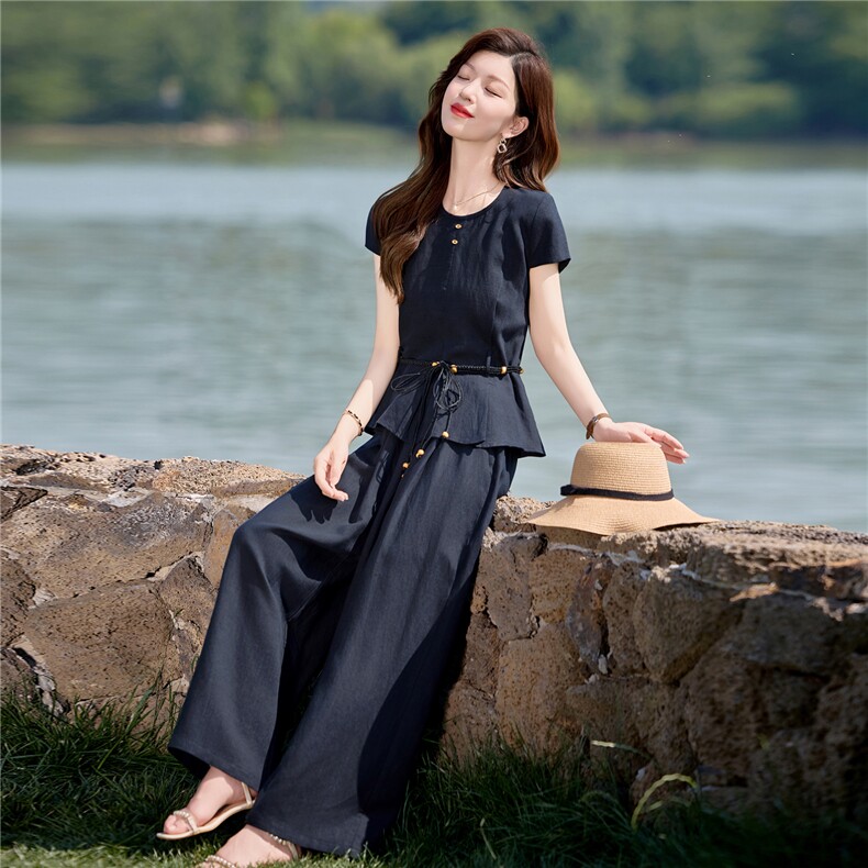 藏青色高级感时尚套装女2025夏季新款慵懒松弛感气质阔腿裤两件套,女装套装/套裙,欣品汇