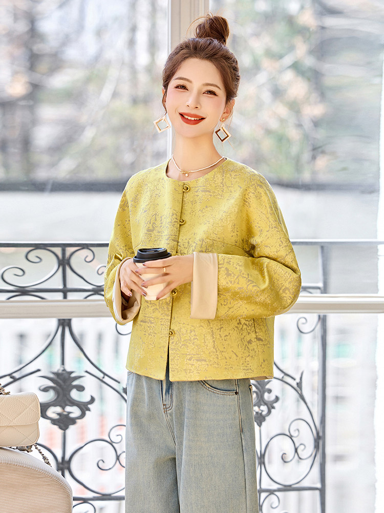 新中式雪尼尔提花撞色假两件袖口卷边圆领外套女春季新款,女装短外套,乐吉娜