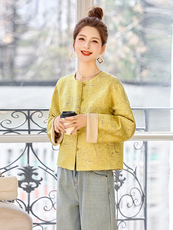 新中式雪尼尔提花撞色假两件袖口卷边圆领外套女春季新款，女装短外套，乐吉娜