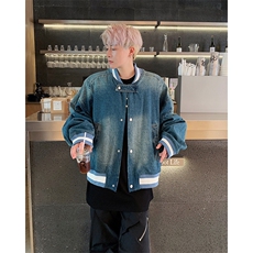 美式复古水洗宽松短款牛仔外套休闲百搭棒球服，男装工装外套，星座410-6（原星座1304-1）