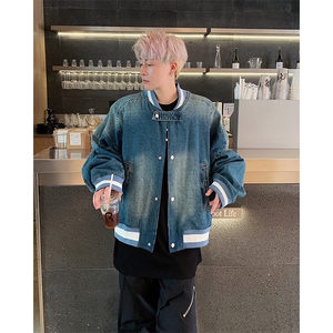 美式复古水洗宽松短款牛仔外套休闲百搭棒球服图片