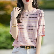 天丝针织条纹正肩短袖T恤女2025夏季大码薄款宽松圆领半袖t恤上衣，女装针织衫/毛衣，郡淞羊绒