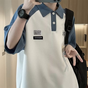 C305-P30 夏季新款撞色polo衫短袖上衣男美式复古ins五分袖t恤图片