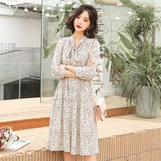 2021年春季花色杏色A型A字裙雪纺25-29周岁韩版印花连衣裙，女装连衣裙，寒都衣屋