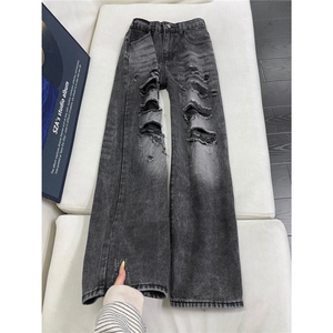 B221 美式ins高街暗黑宽松直筒破洞牛仔裤 LK25504-特P45控78图片