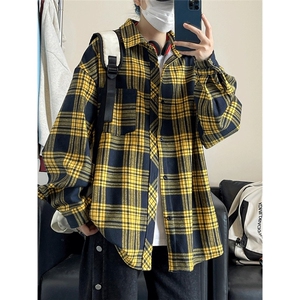 美式复古格子衬衫男秋冬加厚翻领长袖衬衣青少年宽松休闲外套