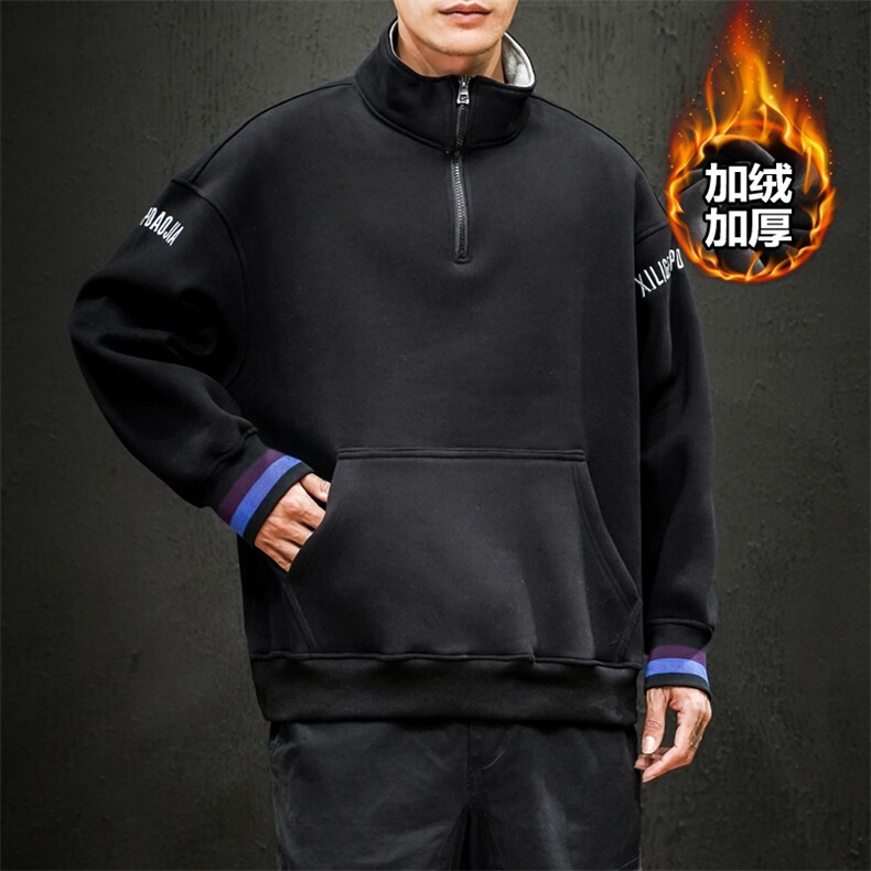 2019冬季新日系黑墙大码宽松刺绣立领拉链加绒加厚卫衣男W657-P60,男装卫衣,电商A001