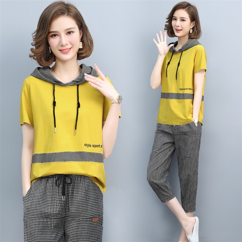 中年妈妈棉麻格子套装女夏2025新款时尚休闲遮肚子显瘦洋气两件套，女装套装/套裙，璐依舞