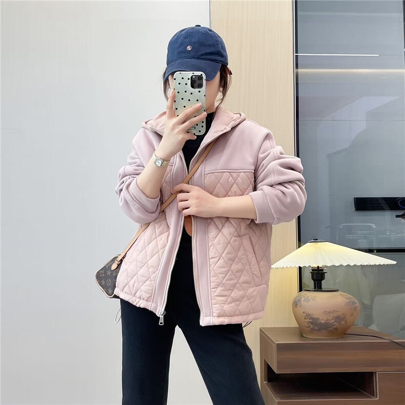 2025冬装新款修身保暖时尚菱形格个性拼接女士棉服外套图片
