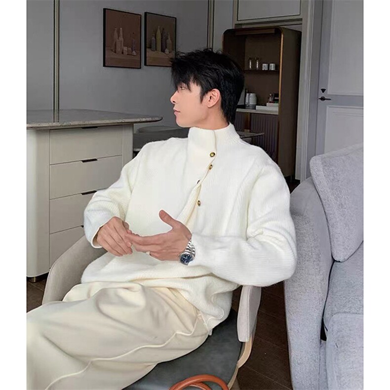 网图秋冬新款斜襟纽扣套头毛衣男痞帅高级感针织衫-A2251TP58控99图片