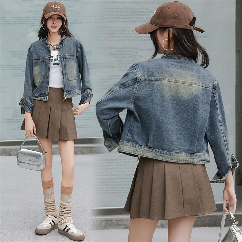 2025春季新款立领拉链牛仔夹克外套女设计感复古短款小个子上衣潮，女装牛仔外套，潮流依族