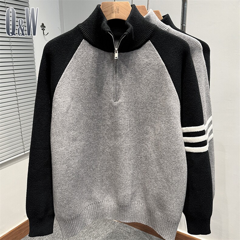 网图76303-P70拼色插肩袖拉链毛衣男款冬季韩版宽松tb针织外套,男装针织衫/毛衣,电商D310B