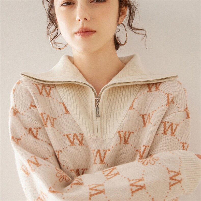 2024秋装新款拉链领菱形格纹宽松显瘦长袖羊绒衫,女装羊绒衫,旭友羊绒