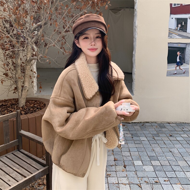 正反两面穿小个子减龄皮毛一体冬翻领麂皮绒羊羔毛外套，女装羊羔毛/颗粒绒，浙宝103（原192）