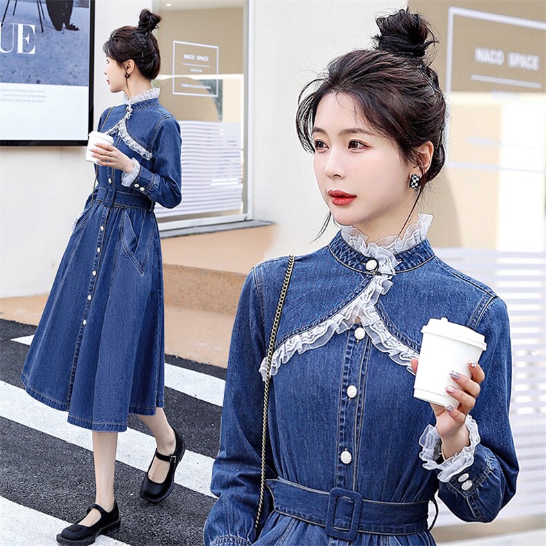 时尚显瘦牛仔连衣裙女长袖修身气质淑女风裙子,女装连衣裙,秋水欣儿