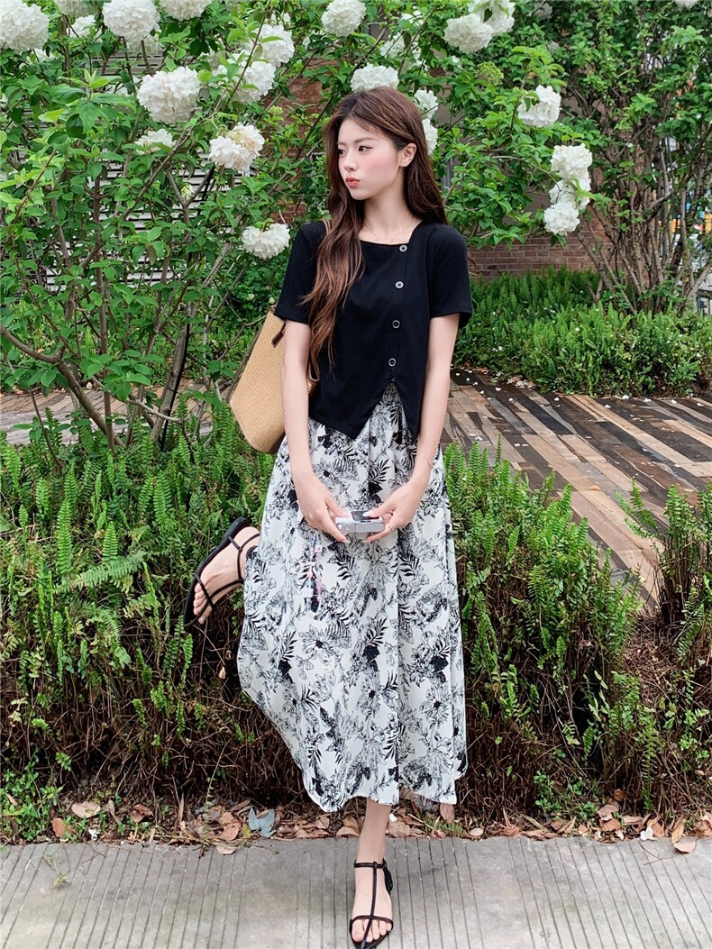 气质水墨印花套装女夏装不规则方领T恤短袖半身裙子两件套潮,女装套装/套裙,艾米莉亚