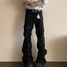 美式复古多口袋铆钉设计牛仔裤男高街嘻哈休闲直筒微喇修身长裤子，男装牛仔裤，星座1210-1