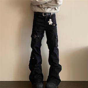 美式复古多口袋铆钉设计牛仔裤男高街嘻哈休闲直筒微喇修身长裤子图片