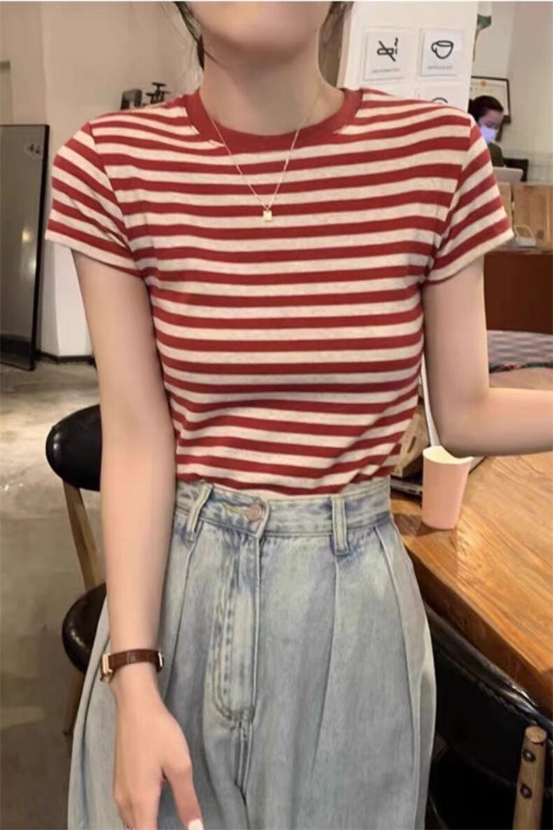 夏季新款女士休闲百搭通勤时尚条纹圆领短袖,女装T恤,锦瑟羊绒