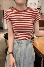 夏季新款女士休闲百搭通勤时尚条纹圆领短袖，女装T恤，锦瑟羊绒
