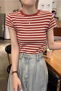 夏季新款女士休闲百搭通勤时尚条纹圆领短袖图片
