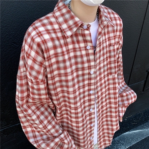 美式vintage格子长袖衬衫男潮牌新款宽松休闲宽松衬衣W1385/P45图片