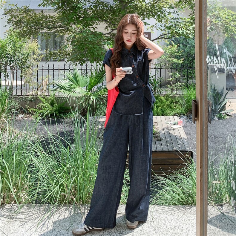 牛仔套装女2025夏季新款休闲随性风时尚短袖衬衫上衣阔腿裤两件套,女装套装/套裙,2C090