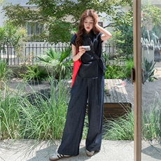 牛仔套装女2025夏季新款休闲随性风时尚短袖衬衫上衣阔腿裤两件套，女装套装/套裙，2C090