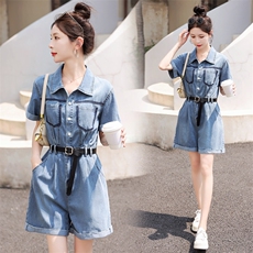复古高级显瘦牛仔连体短裤潮2025夏新款欧货时髦流行薄款连衣裤女，女装连体裤，意芙