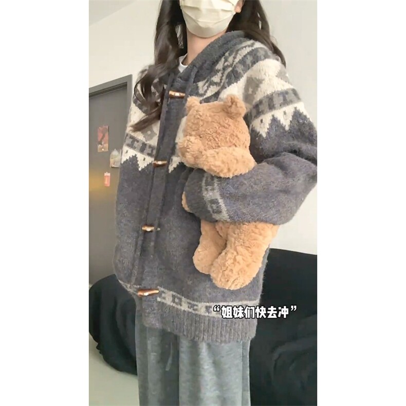 重磅秋冬北极绒开衫毛衣美式复古休闲慵懒风牛角扣针织衫连帽外套,男装针织衫/毛衣,电商A486-1