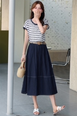 韩版微胖显瘦条纹拼接T恤+小个子牛仔配腰带半身裙夏新款两件套女，女装套装/套裙，超帛