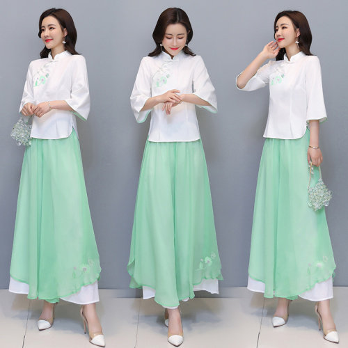 芷墨原创时尚飘逸上衣阔腿裤两件套装茶服,女装套装/套裙,芷墨服饰