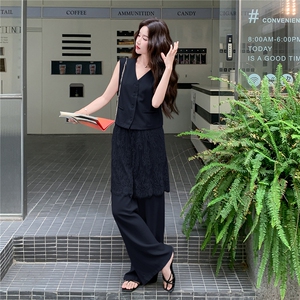轻熟风气质套装女2026夏季拼蕾丝西装马甲显瘦阔腿裤两件套图片