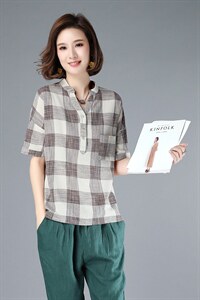 长期大货现货2021年夏季新款时尚文艺拼色大格子棉麻T恤女图片
