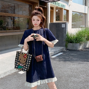 韩版深蓝色木耳边连衣裙女2025夏季新款学院风减龄休闲显瘦A字裙图片