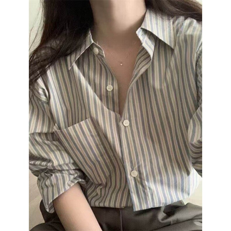 蓝色条纹通勤衬衫女新款设计感风上衣宽松衬衣513CS1876P37，男装衬衫，星座513