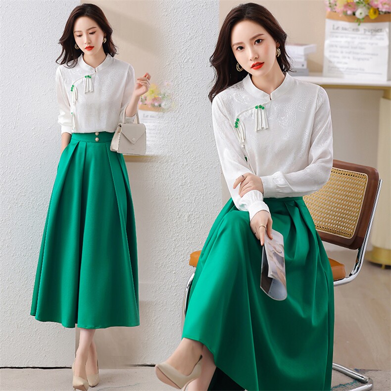 极简风女装A字纯棉草绿春夏高密大摆弹力腰半身裙长裙2025裙裤，女装套装/套裙，时尚俏佳人