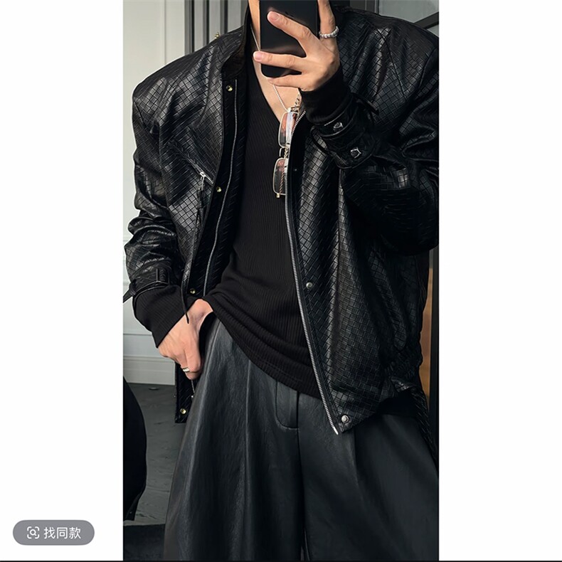 秋季新款美式复古编织设计皮衣外套机车皮夹克男JK2376P135(网图,男装夹克,电商B267