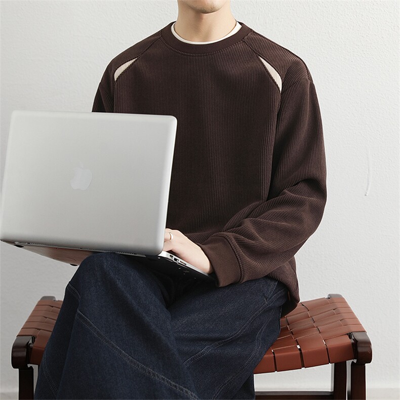 奥利绒拼色拼接卫衣男圆领加绒加厚秋冬季2025新款青年休闲上衣图片