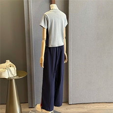 简约时尚休闲套装女夏季新款高级感圆领撞色拼接上衣阔腿裤两件套，女装套装/套裙，江南