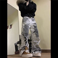 美式街头水洗脏染做旧重工牛仔裤女音符五角星印花阔腿拖地长裤子，男装牛仔裤，星座601-1