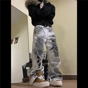 美式街头水洗脏染做旧重工牛仔裤女音符五角星印花阔腿拖地长裤子图片