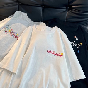 万针全刺绣工艺抖音得物高品质260克重磅纯棉双纱美式高街短袖T恤图片