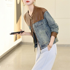 复古拼接牛仔外套女2025春秋新款韩版宽松小个子休闲短款夹克上衣，女装套装/套裙，潮流依族