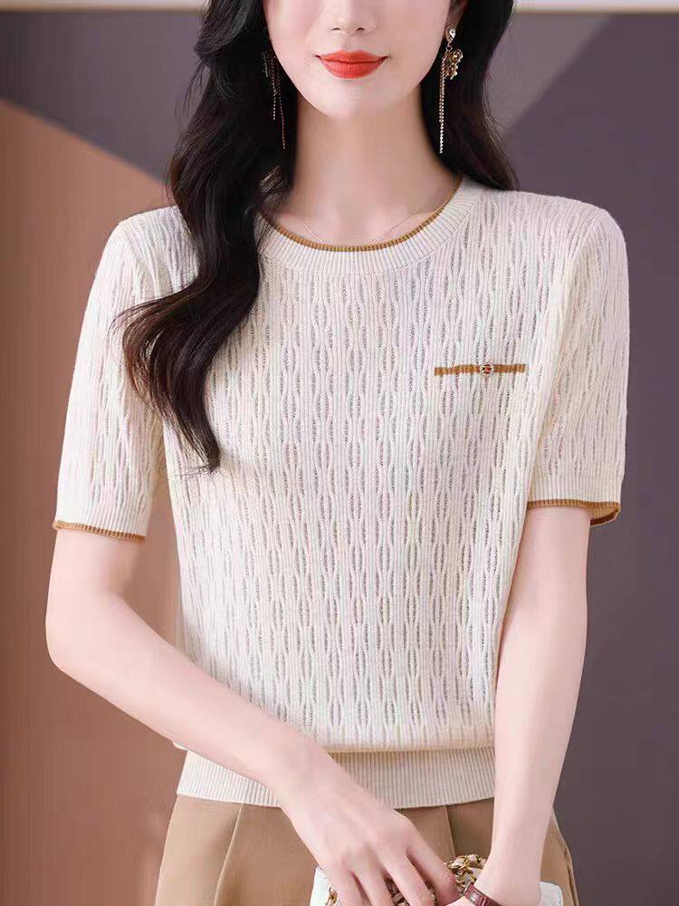 短袖t恤女2025新款设计感小众撞色锁骨显瘦上衣夏季，女装T恤，魅途羊绒