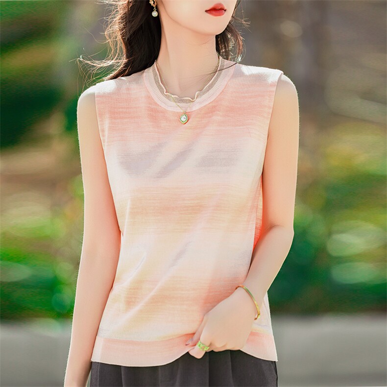 25春夏薄款彩虹条纹针织吊带背心女花边圆领气质显瘦内搭无袖上衣，女装背心吊带，鹿一羊绒